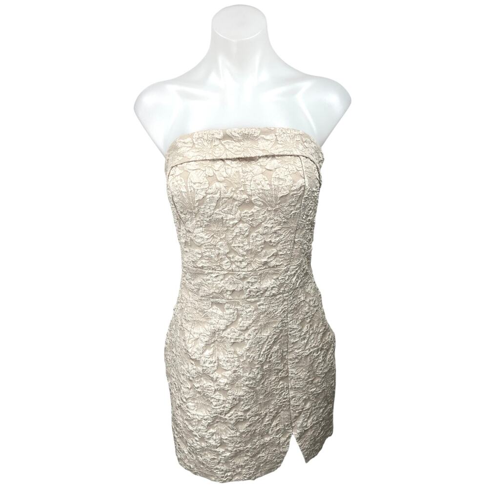 Shein Beige Floral Textured Strapless Cutout Smocked Mini Formal Tube Dress M